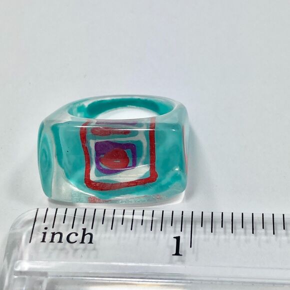 Vintage Acrylic Lucite Cocktail Ring Size 7 8 Aqua Red White Geometric Hand Made - Picture 7 of 9
